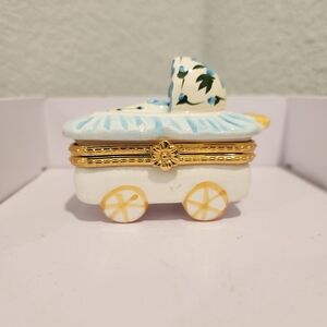 White and Blue Baby Carriage Trinket Box